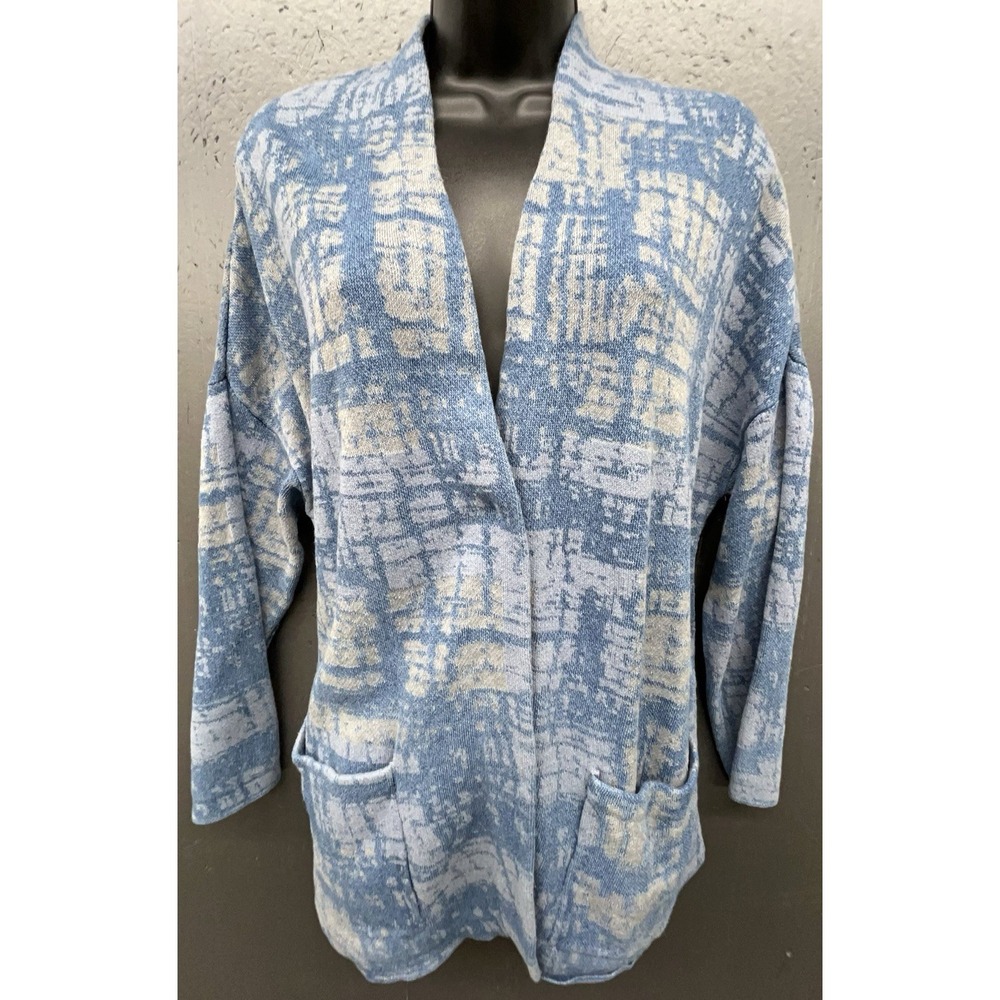 J Jill‎ Pure Jill Indigo Sweater M Blue Gray Cream Cotton Blend Pockets Artsy